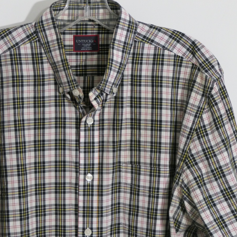 UNTUCKit Mens Shirt XL Slim Fit White Black Red Yellow Plaid Preppy Smart Casual